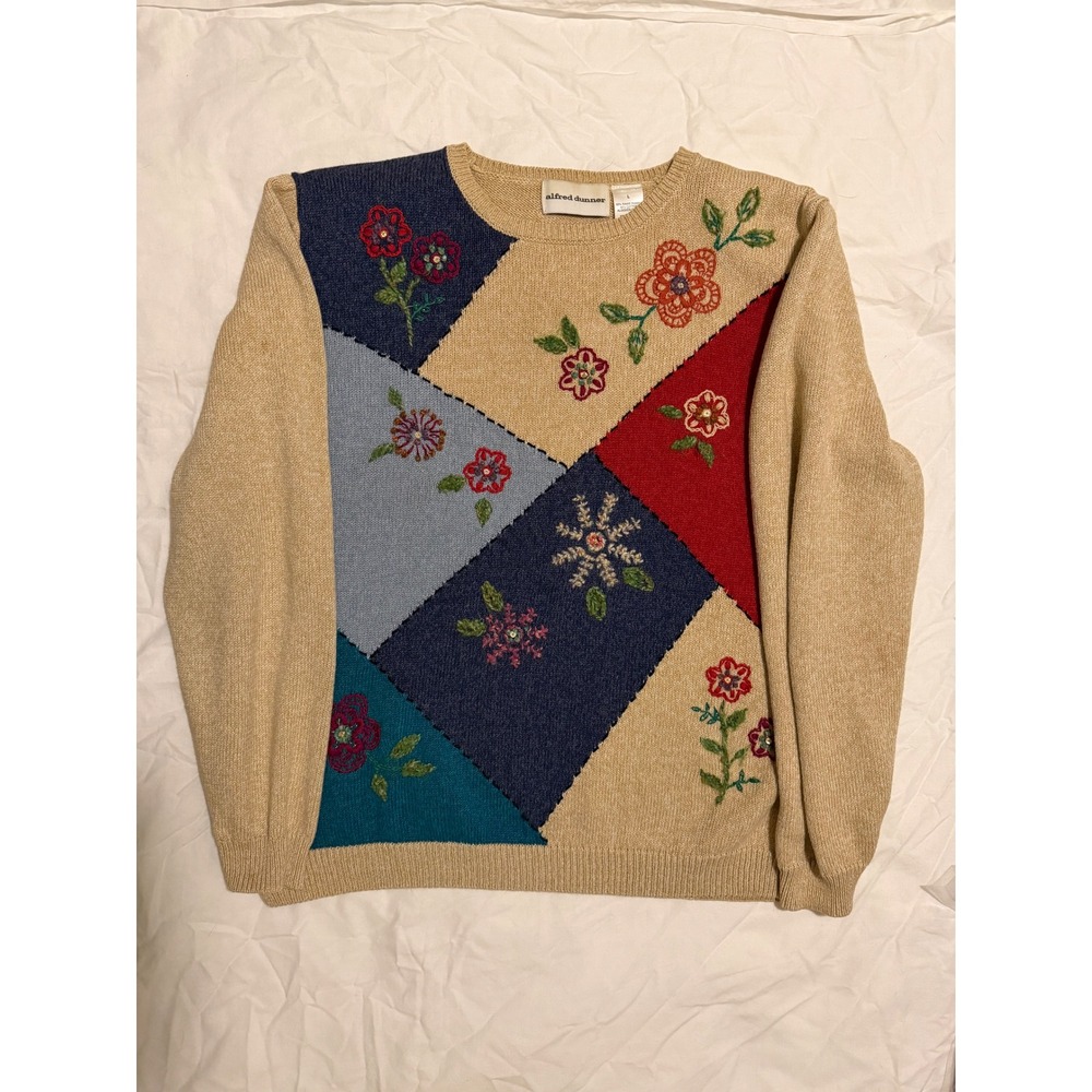 Alfred Dunner Womens Patchwork Floral Embroidered Sweater Size L Grandma Cottage